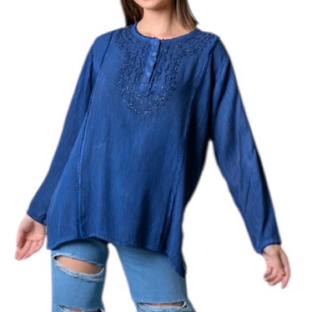 🆕 Rhea Women's Navy Embroidered Boho Tunic Top - One SiZe